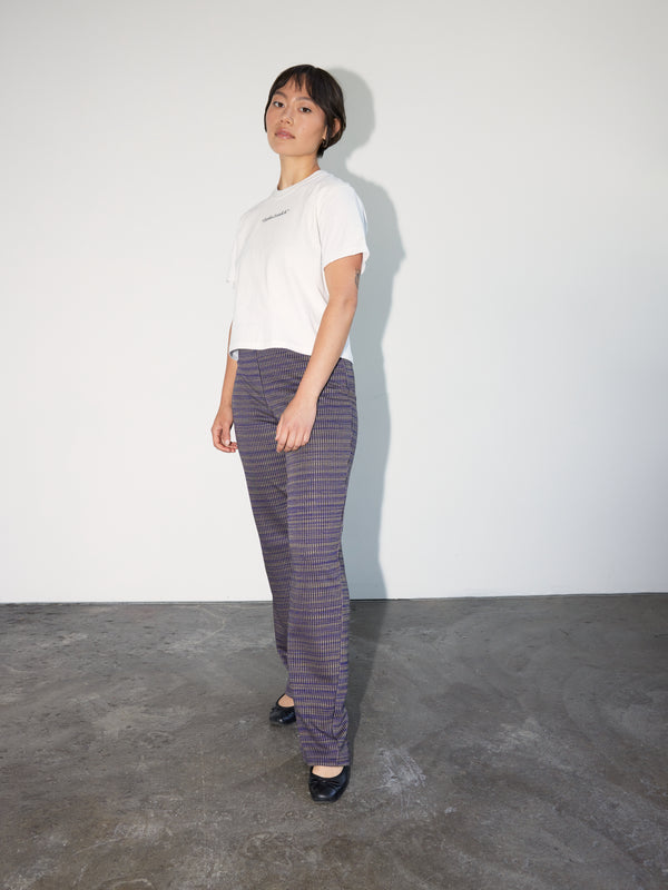 Model wearing the contemporary Post Pant made from a Daughter Judy sewing pattern