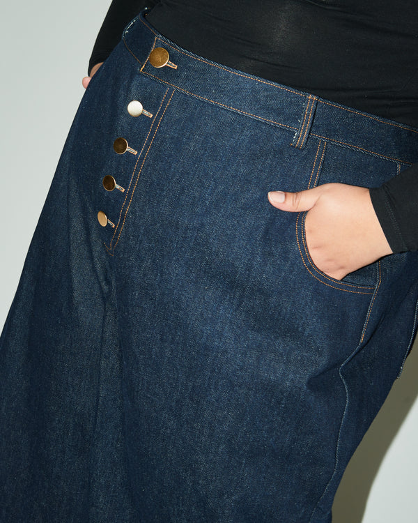 Front detail of model wearing the contemporary Adams Pant made from a stylish Daughter Judy sewing pattern