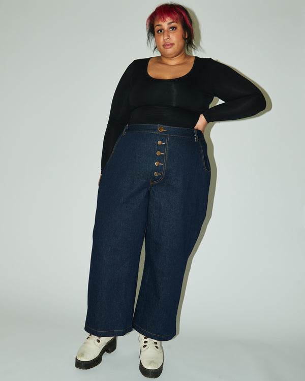 Model wearing the contemporary Adams Pant made from a stylish Daughter Judy sewing pattern