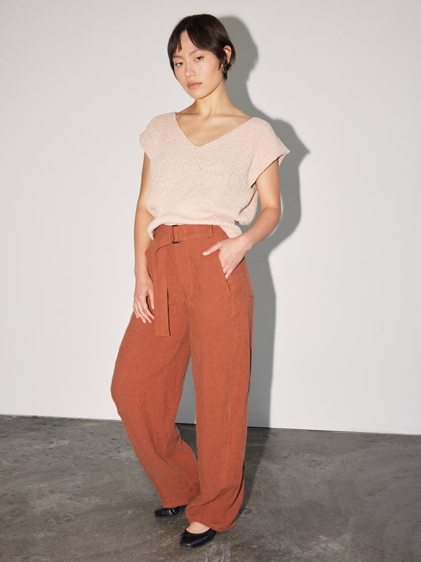 Model wearing the contemporary Coe Trouser made from a stylish Daughter Judy sewing pattern