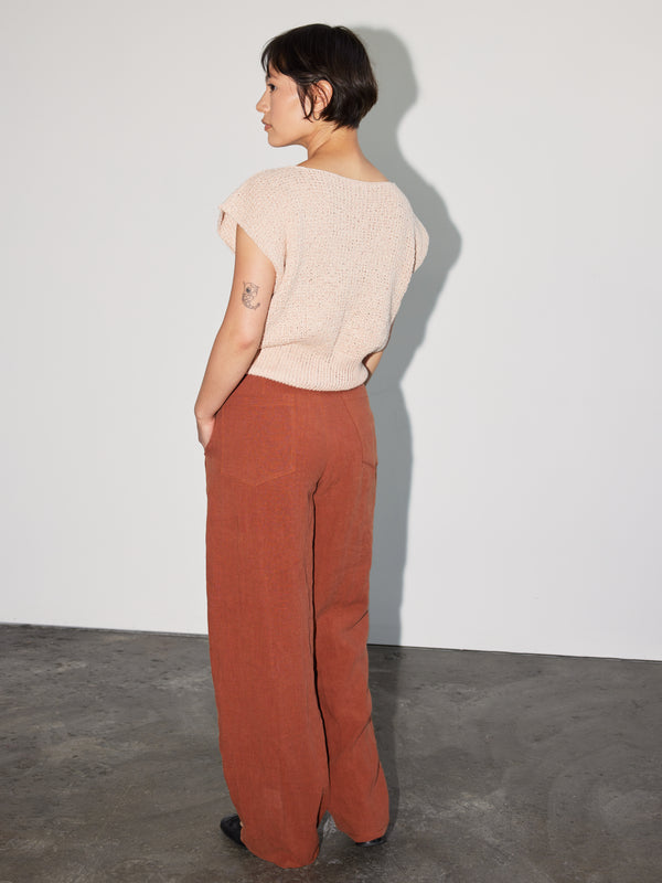 Model wearing the contemporary Coe Trouser made from a stylish Daughter Judy sewing pattern