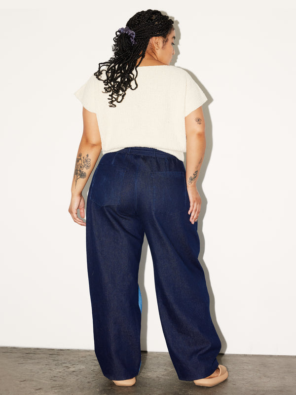Rear view of model wearing the contemporary Coe Trouser made from a stylish Daughter Judy sewing pattern