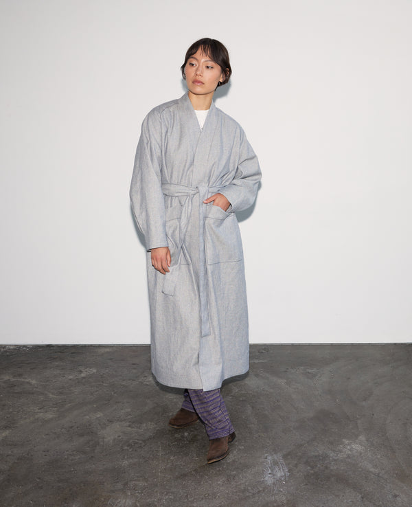 Model wearing the contemporary Grant Coat made from a stylish Daughter Judy sewing pattern