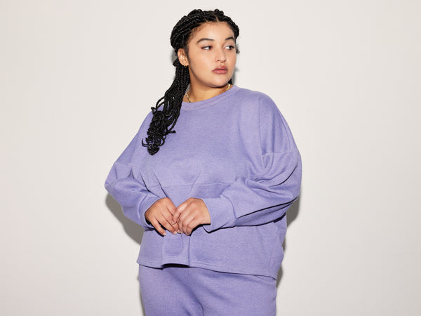 Model wearing the contemporary Wren Fleece made from a stylish Daughter Judy sewing pattern