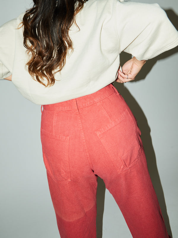 Rear detail of model wearing the contemporary Adams Pant made from a stylish Daughter Judy sewing pattern