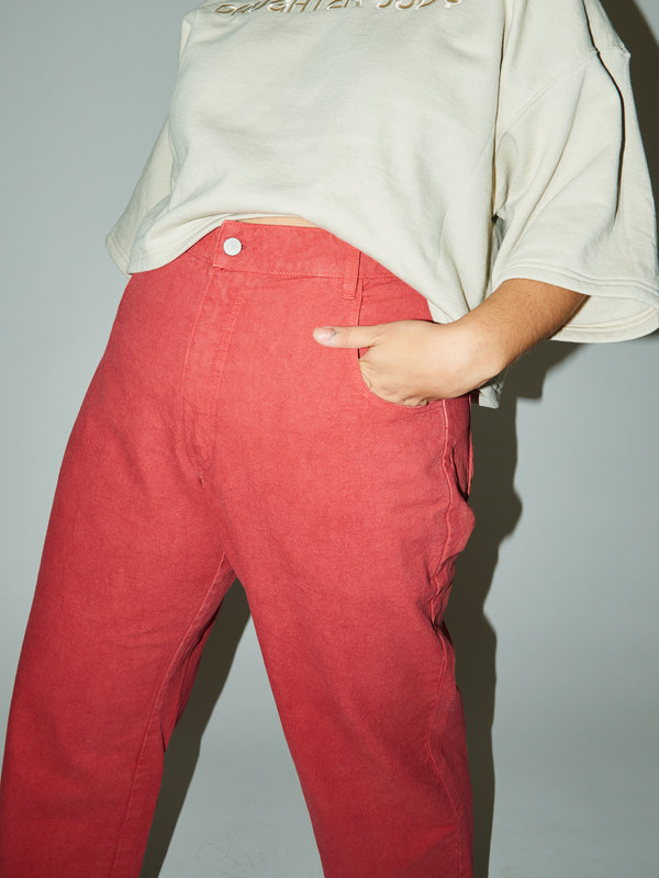 Front detail of model wearing the contemporary Adams Pant made from a stylish Daughter Judy sewing pattern