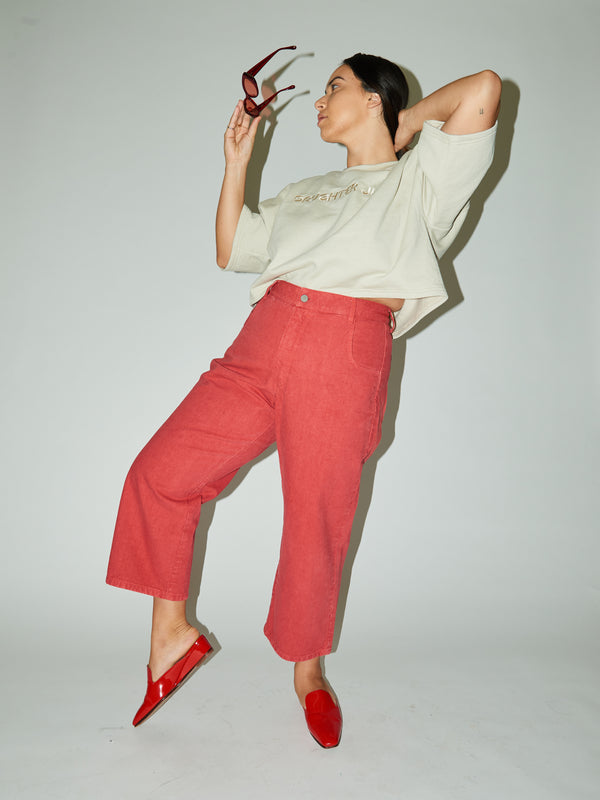 Model wearing the contemporary Adams Pant made from a stylish Daughter Judy sewing pattern