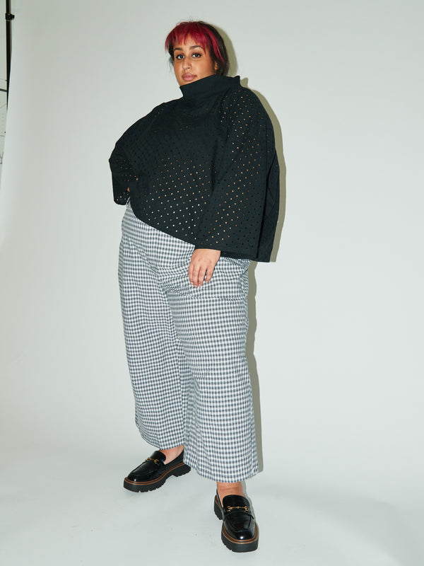 Model wearing the contemporary Adams Pant made from a stylish Daughter Judy sewing pattern